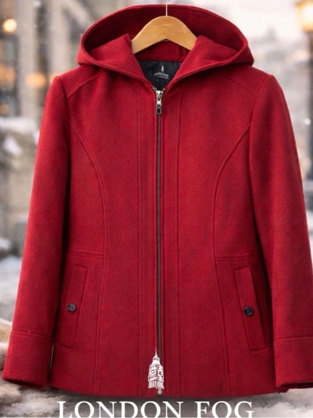 London Fog Women’s Red Hooded Wool Blend Short Coat size L